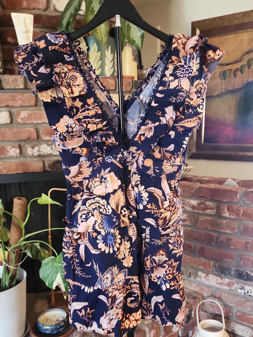 NWT Anthropologie Navy Peach Floral Ruffle V-Neck Mini Dress M